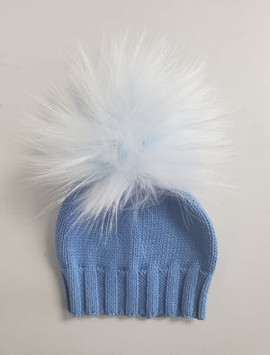 Blue Knit Cotton Hat Light Blue Pom