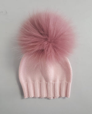 Pink Knit Cotton Hat Mauve Pom