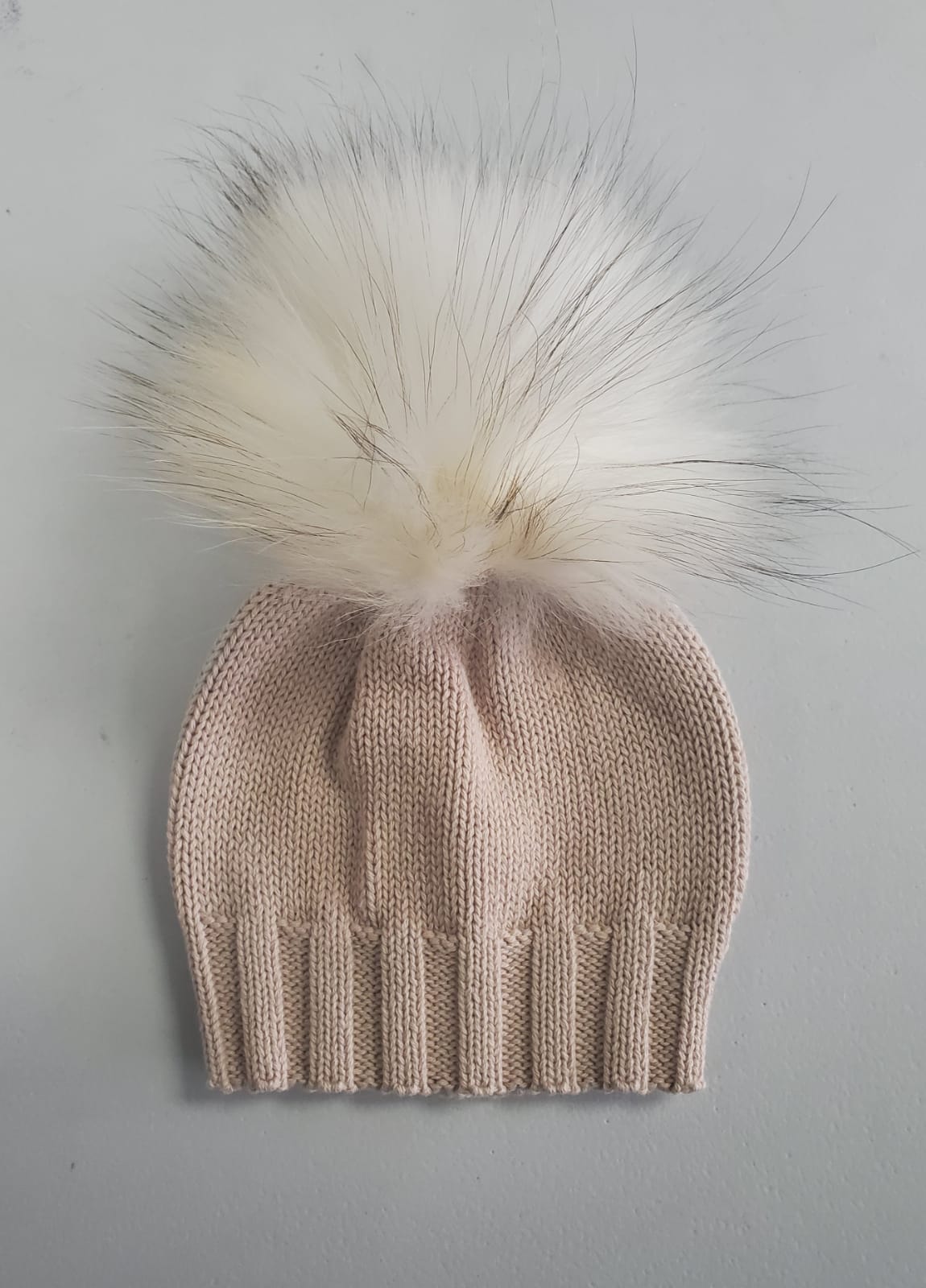 Taupe cotton knit hat Ivory Pom
